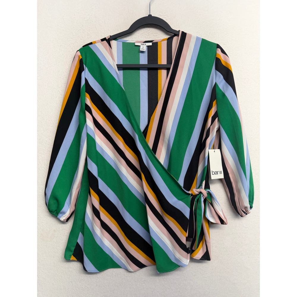Bar III Womens Multi Color Striped Wrap Blouse V-Neck Tie Waist Top Medium NEW